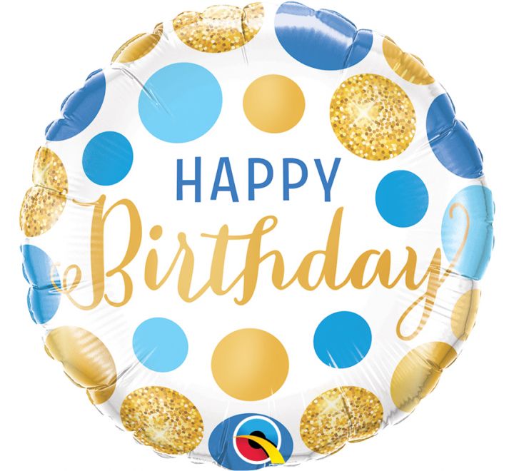 QT FOIL BALLOON BIRTHDAY BLUE & GOLD DOTS 18" 18" Birthday